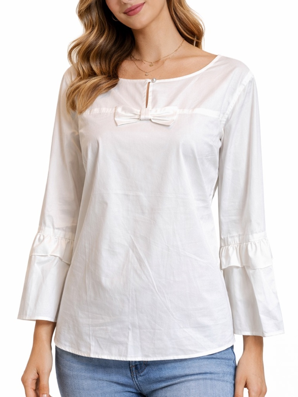 Talbots NWOT White Bell Sleeve Bow Front‎ Top Sz Medium